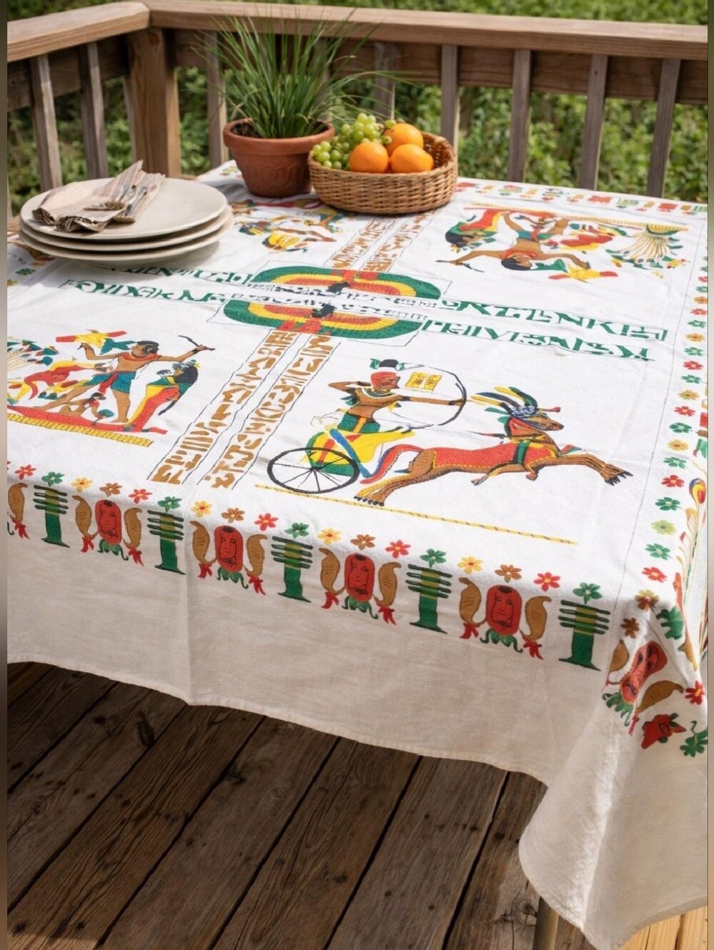 Mid-Century Vintage Ancient Egyptian Tablecloth | Hieroglyphics Pharaoh Print